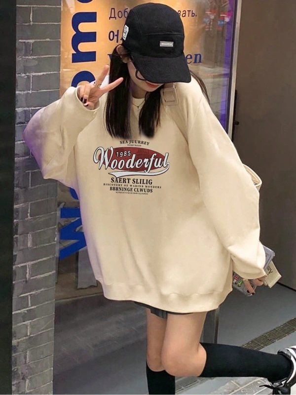 Harfli Grafik Düşük Omuz Oversize Sweat Bej