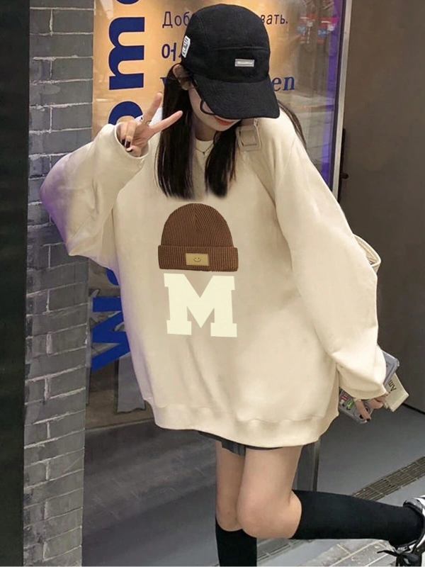 Harfli Grafik Düşük Omuz Oversize Sweat Bej