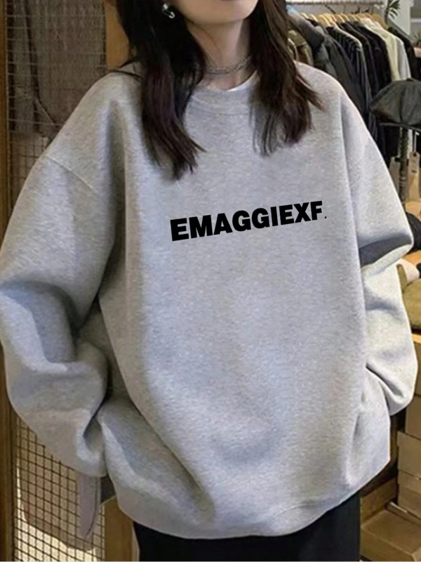 Harfli Grafik Düşük Omuz Oversize Sweat Gri