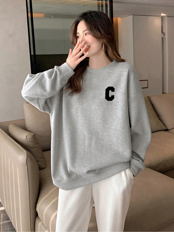 Harfli Grafik Düşük Omuz Oversize Sweat Gri