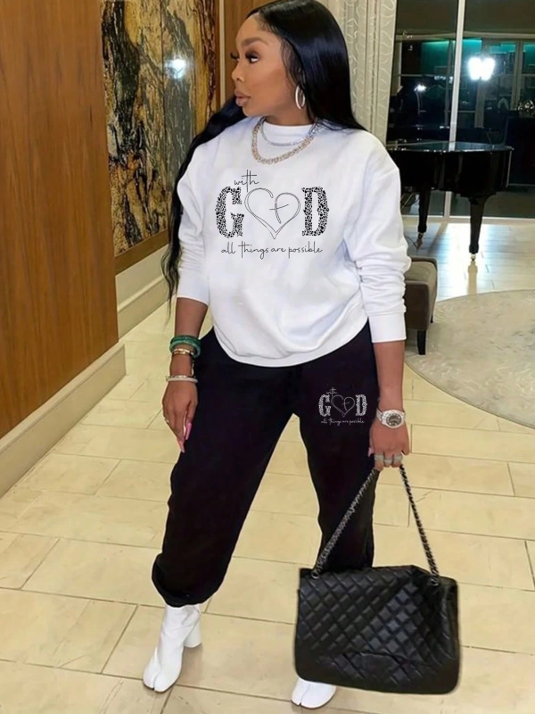 Harfli Grafik Düşük Omuz Sweatshirt ve Eşofman Altı