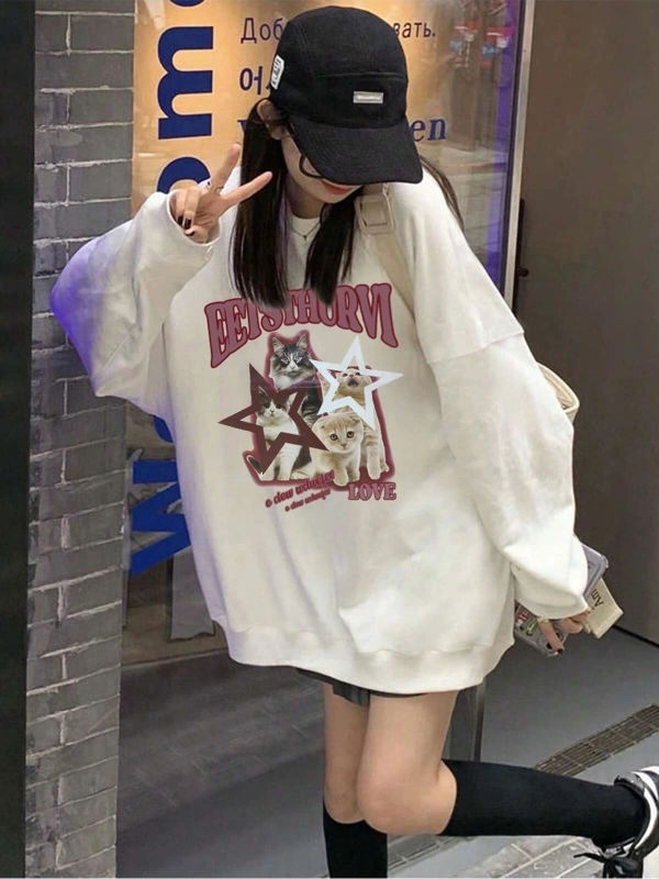 Harfli Grafik Düşük Sweat Beyaz