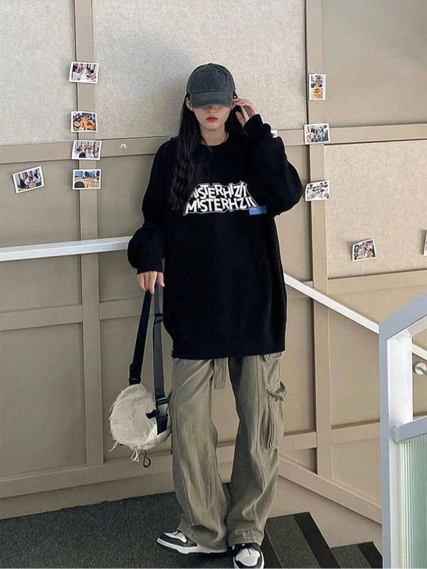 Harfli Grafik Düşük Sweat Siyah