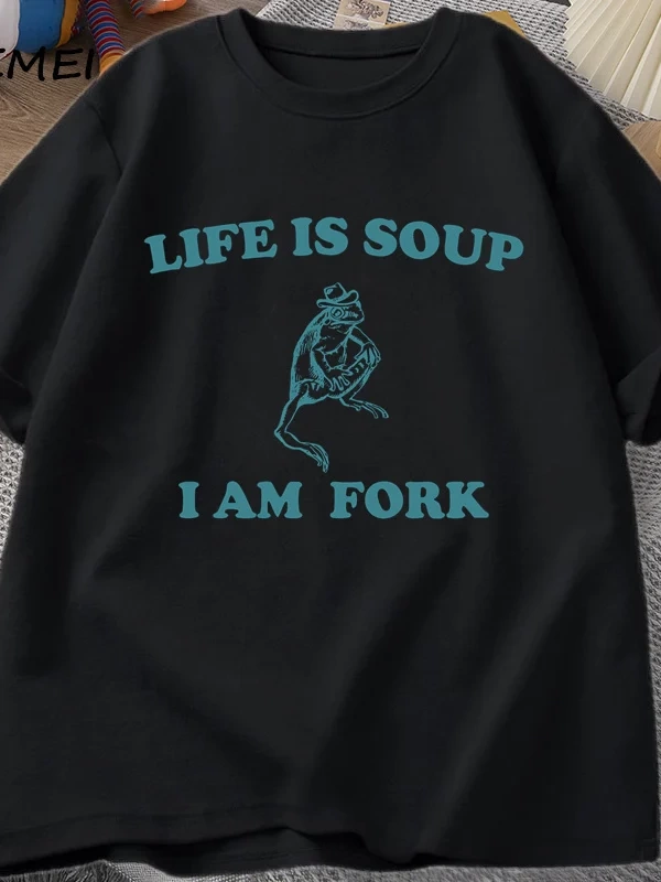 Hayat Çorba Ben Çatal Kurbağa Grafik T Shirt Pamuk Unisex Komik Retro T-Shirt Yaz Hayvan Bask 2803