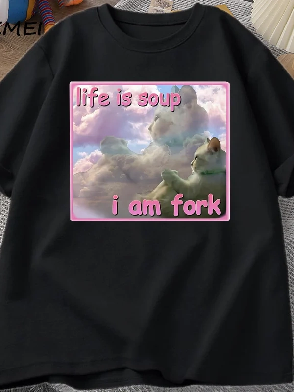 Hayat Çorba Ben Çatal T Shirt Erkekler Kadınlar için Komik Kedi Baskılı T-shirt Çirkin Aptal  2945