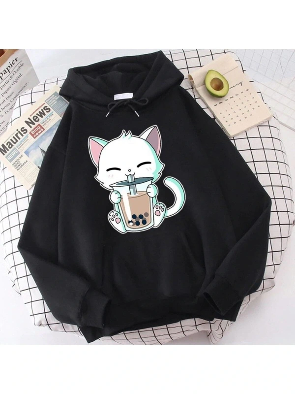 Hayvanlar Boba Çayı Hoodies Sevimli Kedi Kapşonlu 15109 Siyah