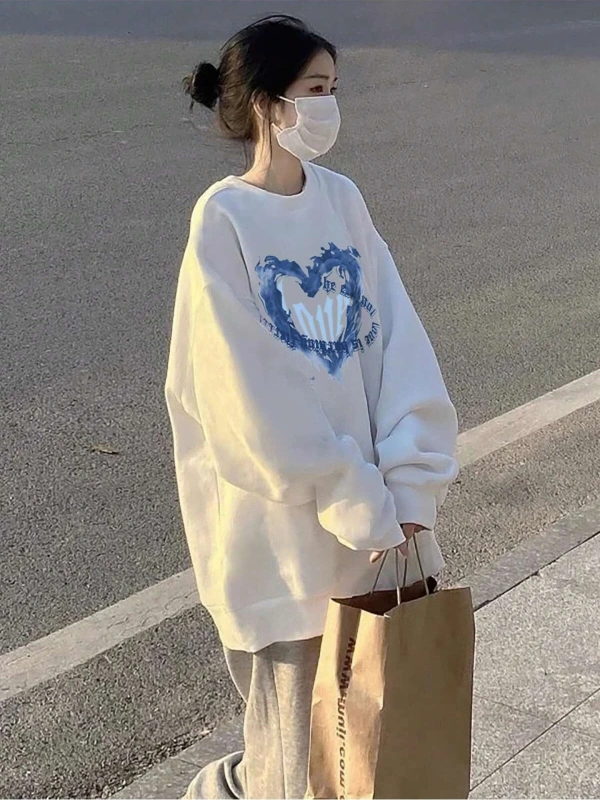 Heart Pattern Drop Shoulder Pullover Beyaz