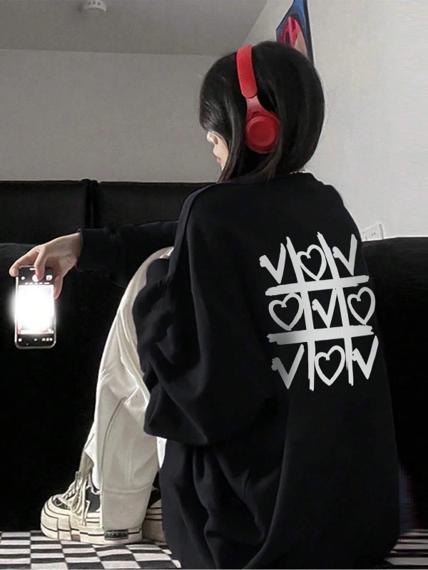 Heart Pattern Drop Shoulder Pullover Siyah