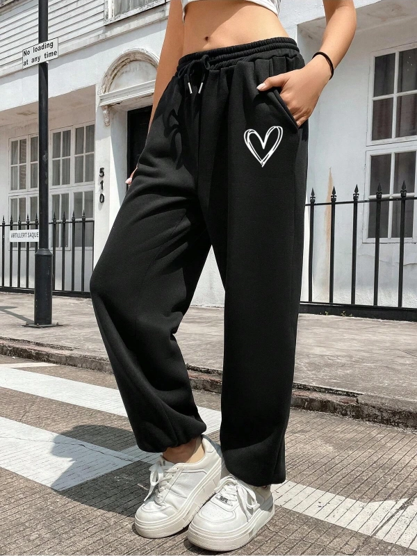 Heart Print Drawstring Waist 4 Mevsim Eşofman