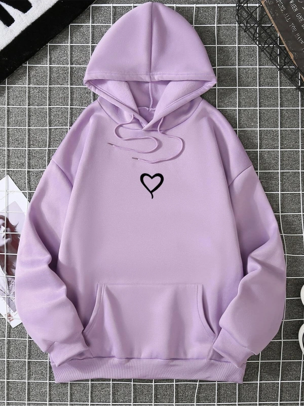 Heart Print Kangaroo Pocket Drawstring Lined Hoodie Mor