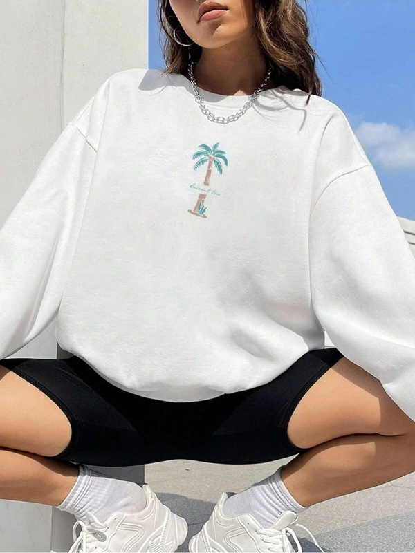 Hindistan Cevizi Ağacı Desenli Sweat Beyaz