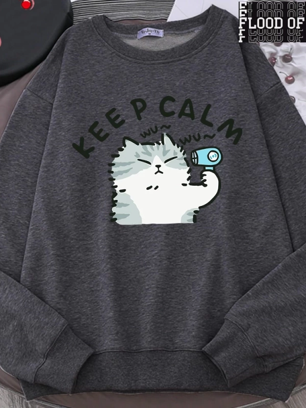 Hip Hop Harajuku Vintage Tarzı  Eğlenceli kedi sevimli  Gri