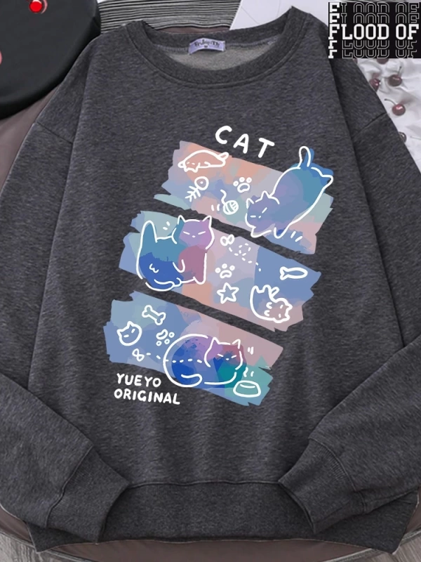 Hip Hop Harajuku Vintage Tarzı  Eğlenceli Mischievous kedi Gri