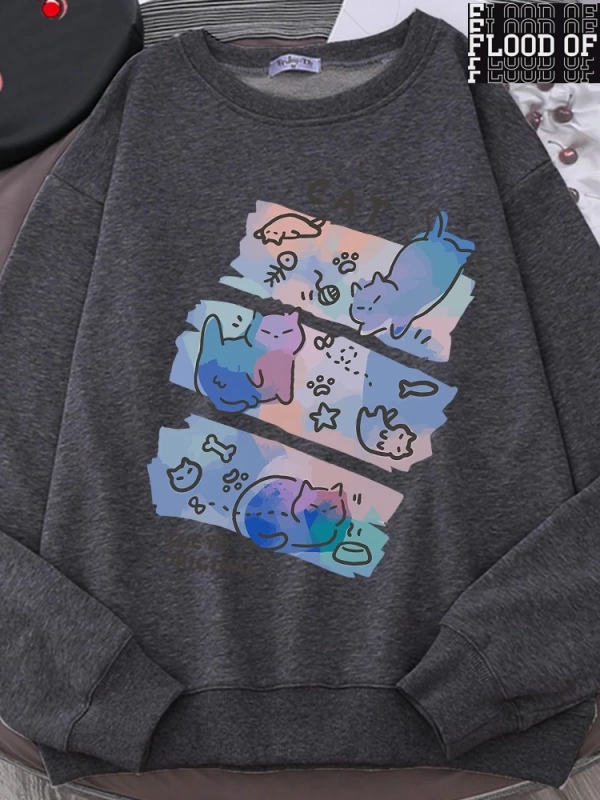 Hip Hop Harajuku Vintage Tarzı  Eğlenceli Yaramaz Kedi Sevimli Gri