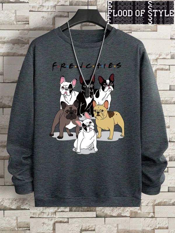 Hip Hop Harajuku Vintage Tarzı  Frenchies 6 fransız buldog  Gri