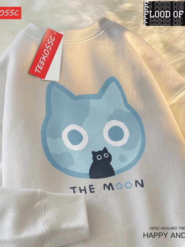 Hip Hop Harajuku Vintage Tarzı  Güneş kedi ay kedi komik sevimli Beyaz