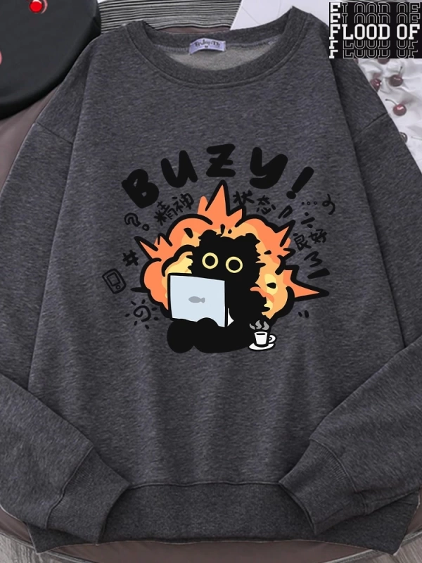 Hip Hop Harajuku Vintage Tarzı  Istikrarlı Devlet Eğlenceli Kedi Sevimli Gri