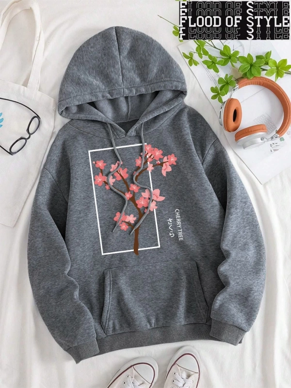 Hip Hop Harajuku Vintage Tarzı  Kiraz Ağacı Tam Çiçek Gri