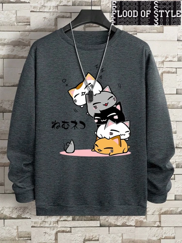 Hip Hop Harajuku Vintage Tarzı  Sevimli Yığılmış Kediler  Gri