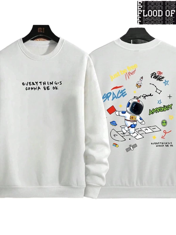 Hip Hop Harajuku Vintage Tarzı  Uzay astronot mutlu oyun baskı  Beyaz
