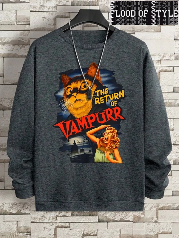 Hip Hop Harajuku Vintage Tarzı  Vampurr kedi komik çizgi roman  Gri