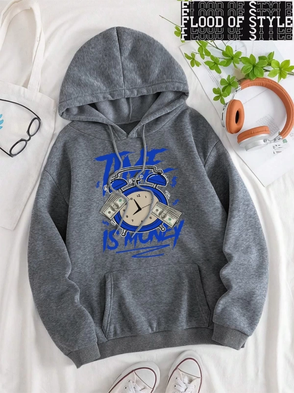 Hip Hop Harajuku Vintage Tarzı  Zaman para baskı Hoodies  Gri