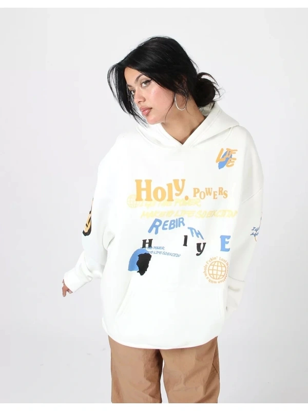 Holy Powers Beyaz Oversize Unisex Kapüşonlu