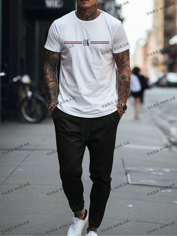 Homme Erkek Mektup Baskı Kısa Kollu Tişört Ve Uzun Pantolon İki Parçalı Set