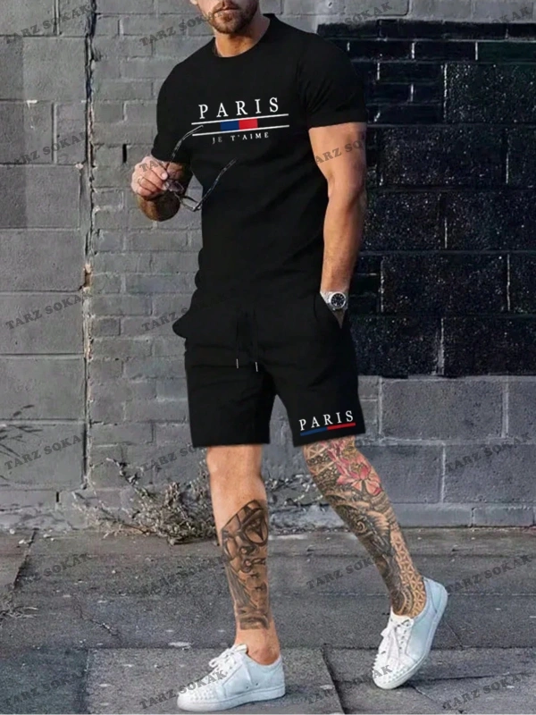 Homme Erkek Mektup Grafikli Tişört ve İpli Bel Şort Takım