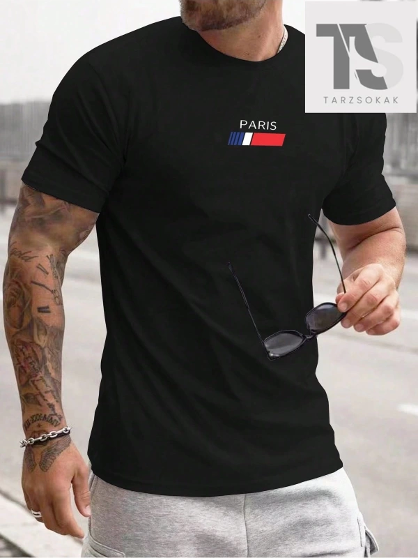 Homme Erkek Slim Fit Yuvarlak Yaka Kısa Kollu Yazı Baskılı Tişört