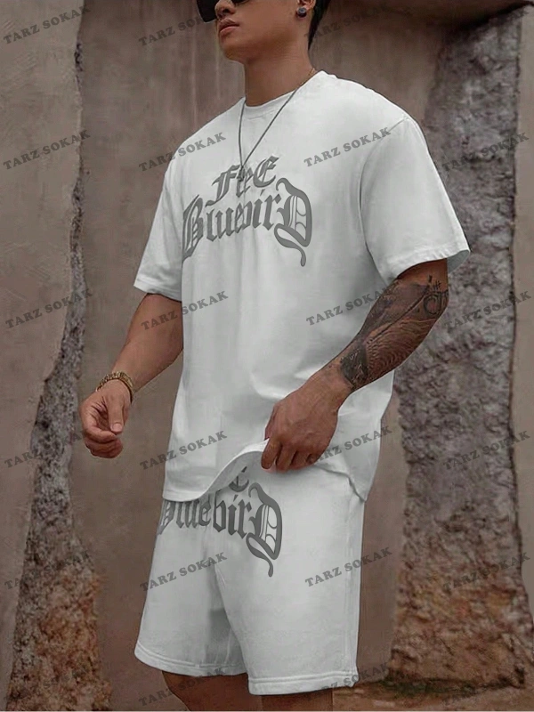 Homme Erkek Yazılı Baskılı Kısa Kollu Tişört ve Şort 2 adet/takım