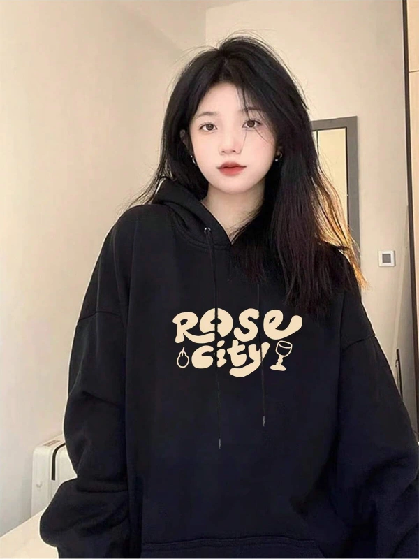 Honeyspot Letter Graphic Drop Shoulder Oversized Drawstring Hoodie Siyah