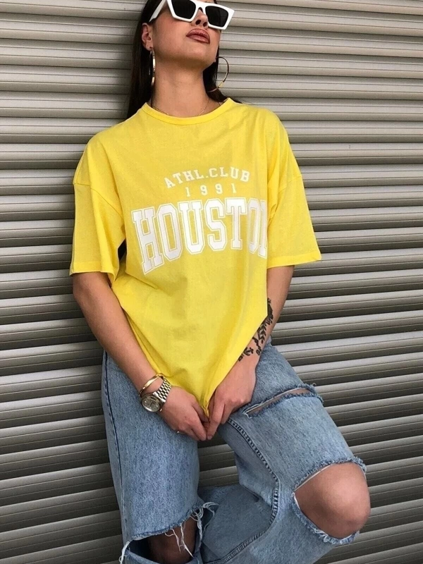 Houston Baskılı Kadın Oversize Sarı T-shirt