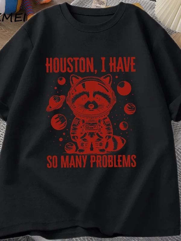 Houston o kadar çok sorun var T-shirt erkekler komik rakun uzayda Vintage hayvan uzay T Shirt 2851