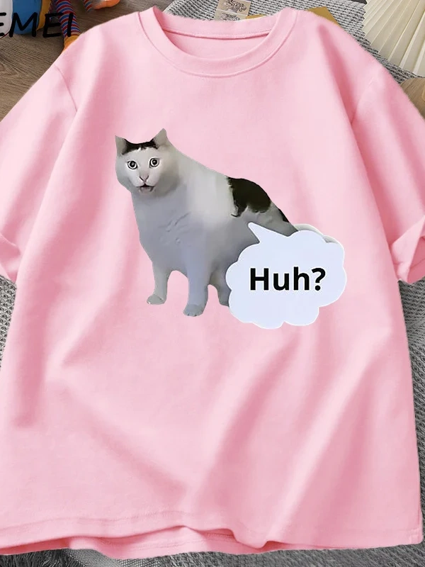 Huh Kedi Komik Meme T Shirt Erkek Kadın Absurd Weirdcore T-Shirt Rahat Yuvarlak Boyun Pamuk K 3031
