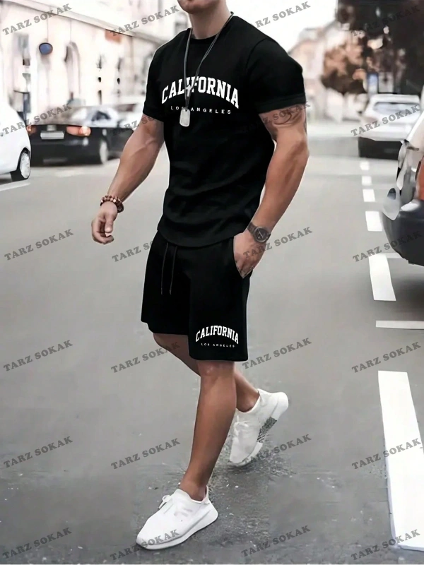 Hypemode Beyaz Örme Erkek Yazılı Baskılı Kısa Kollu Tişört Ve Şort Takım