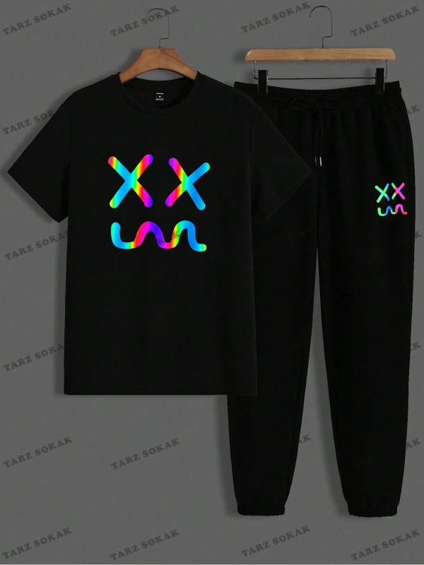 Hypemode Örme Günlük Baskılı Kısa Kollu Üst ve Uzun Pantolon Takım