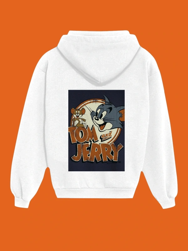 IvırZıvır----Unisex Beyaz Tom And Jerry Sırt Baskılı Sweatshirt