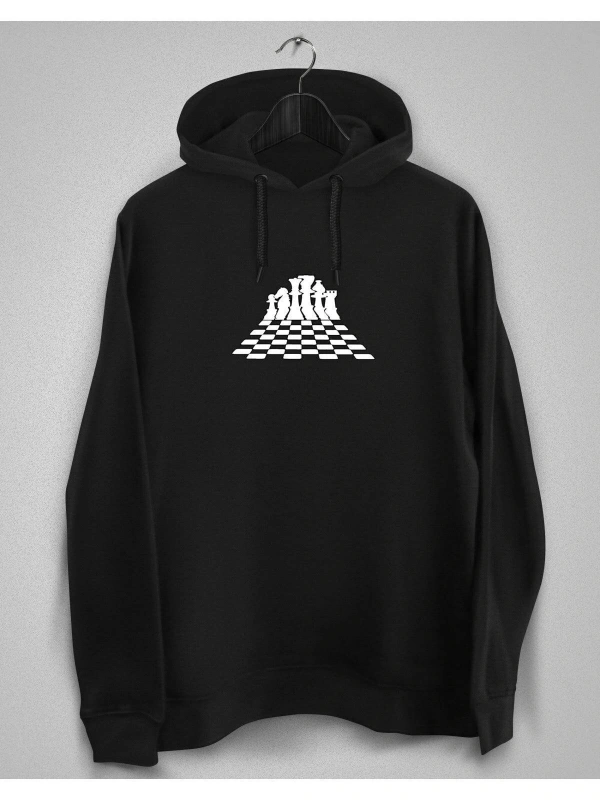 IvırZıvır----Unisex Siyah Chess Baskılı Sweatshirt