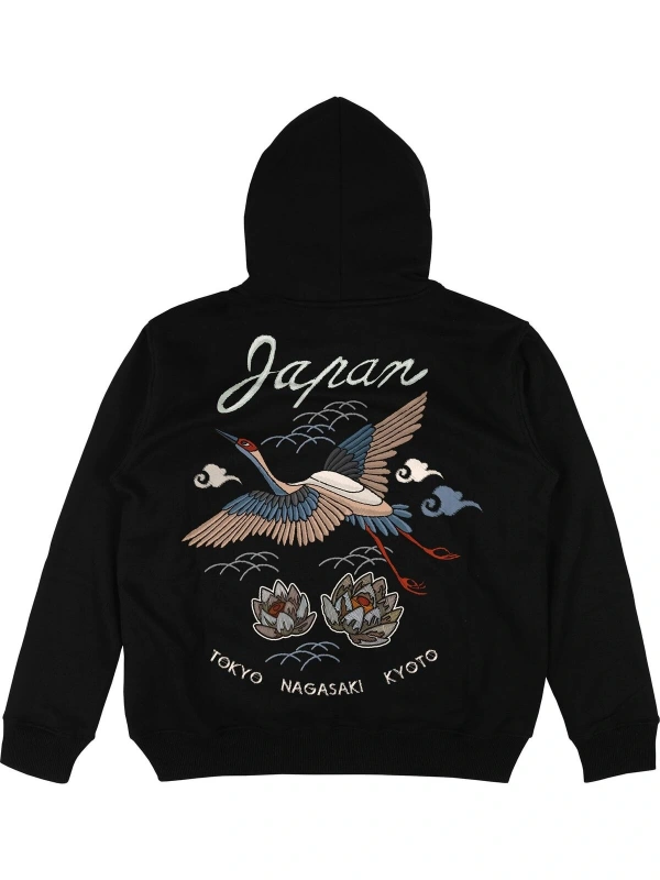 Japan Crane Siyah Oversize Unisex Kapüşonlu Sweatshirt Hoodie