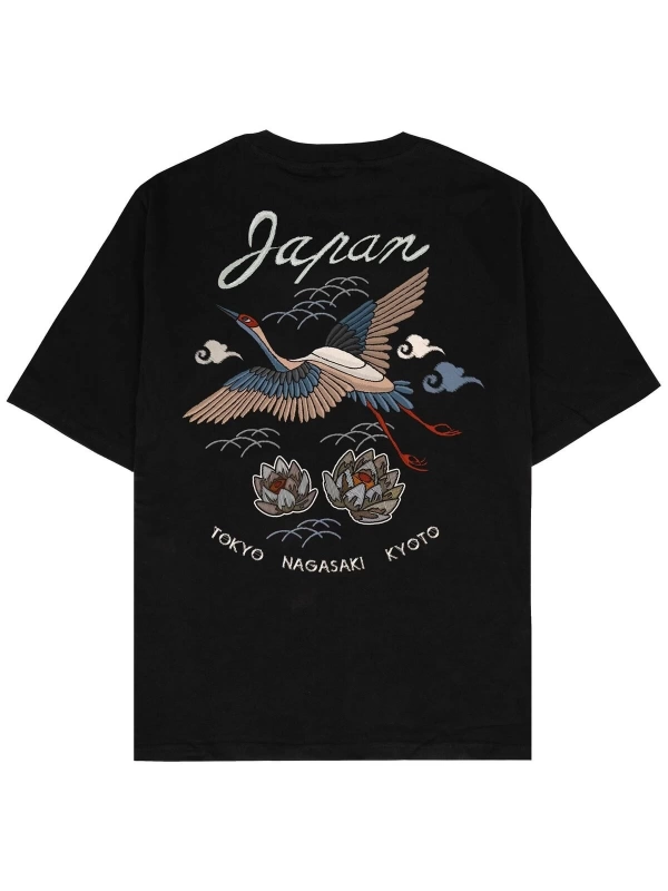 Japan Crane Siyah Oversize Unisex T-shirt