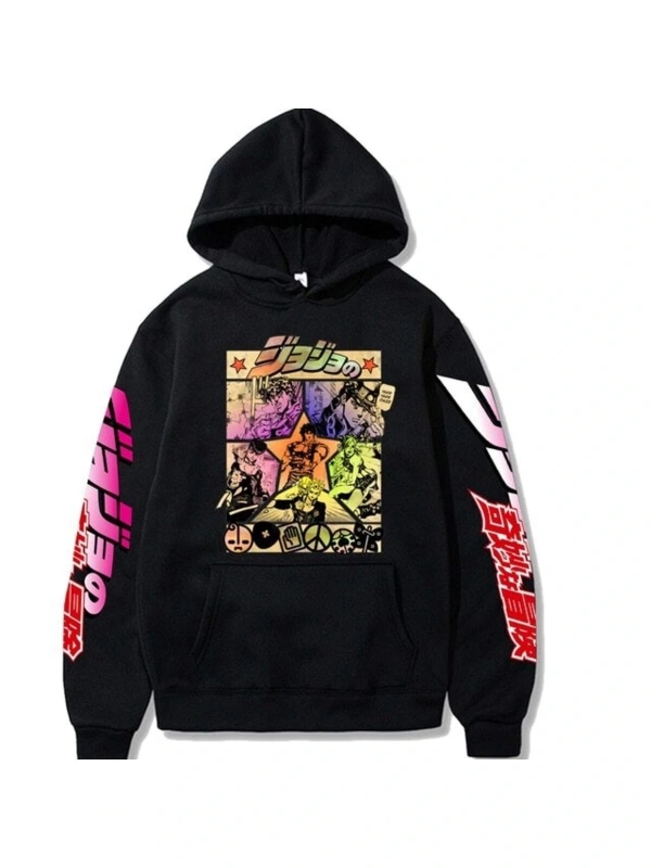 Japon Anime Jojonun Tuhaf Macera Baskılı Kapşonlu Vj465 13838 Siyah