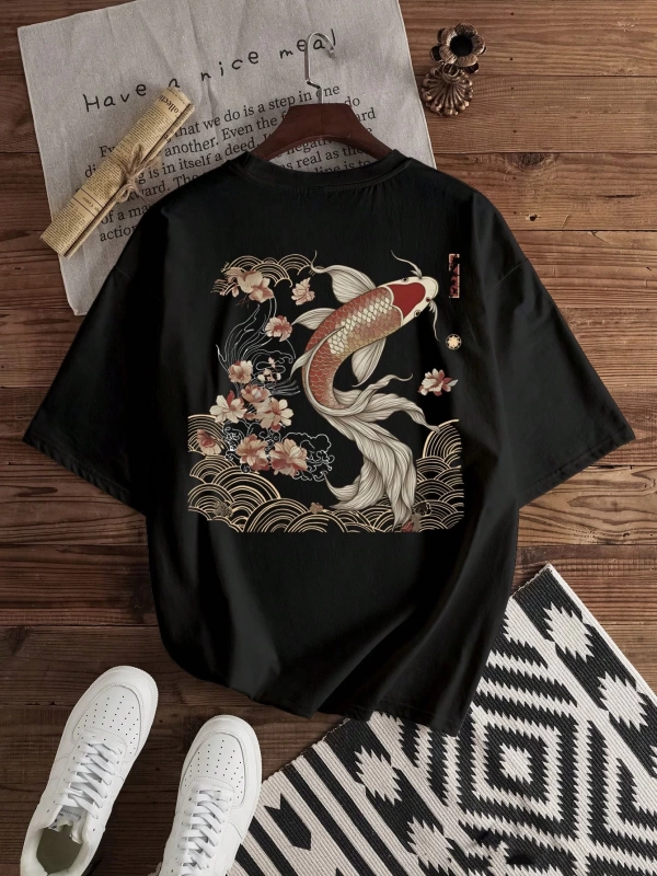 Japon Ukiyo-E Koi Balığı Baskılı Rahat Siyah Tişört Erkekler İçin