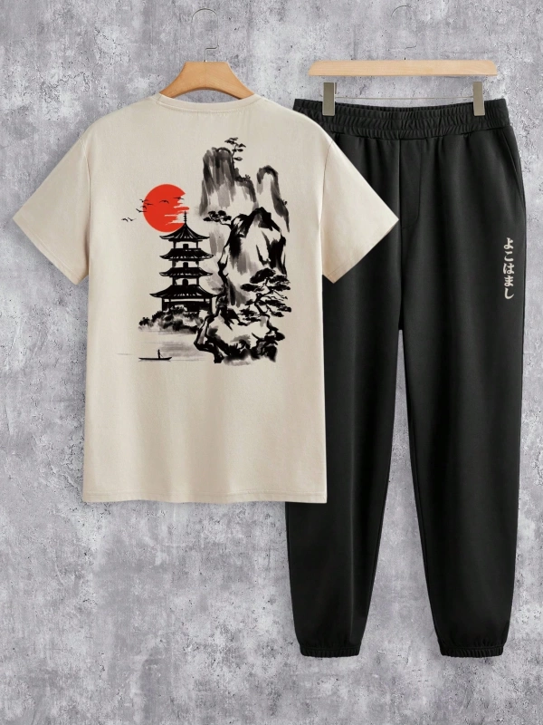 Japon Vintage Mürekkep Boyama Gün Batımı ve Manzara Baskılı Erkek Standart Be