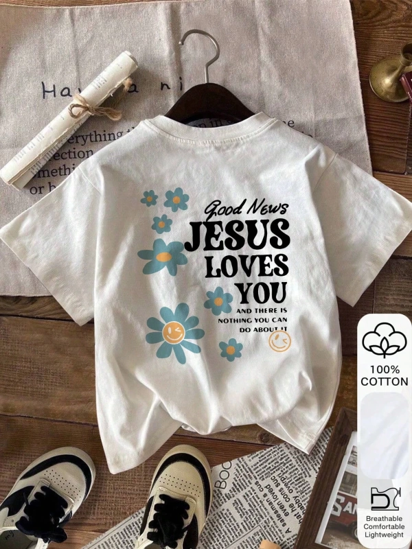 JESUS LOVES YOU & Çiçek Baskı, Yaz Kadın %100 Pamuklu Kısa Kollu, Günlük Kadın Giyim, Günlük