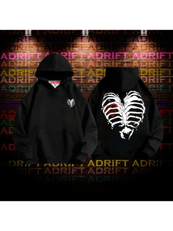 Kaburga Kalp Tasarım Baskılı Kapüşonlu Sweatshirt Hoodie Siyah