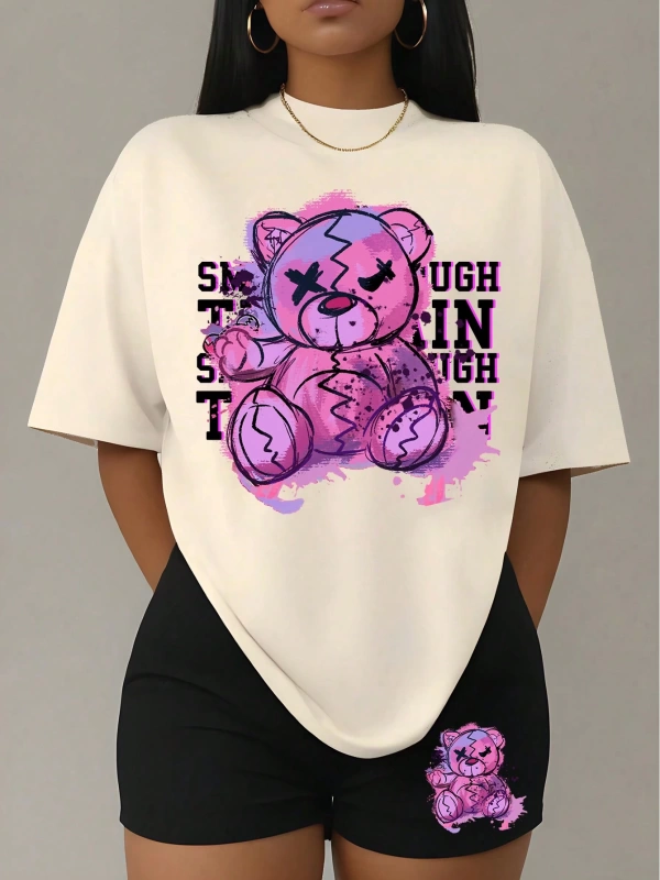 Kadın 2Lİ TAKIM OVERSİZE Trend T-shirt Şort Model 5052