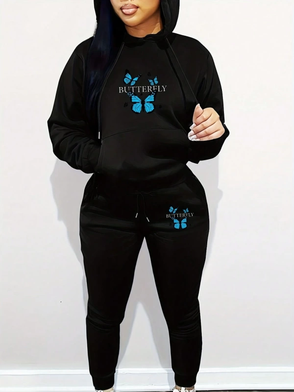 Kadın 2 Parça Takım Rahat Kelebek Baskılı Sweatshirt Ve Pantolon