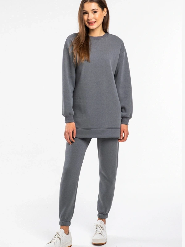 Kadın Antrasit Bisiklet Yaka 2 Iplik Polarlı Eşofman Takımı Cy84203