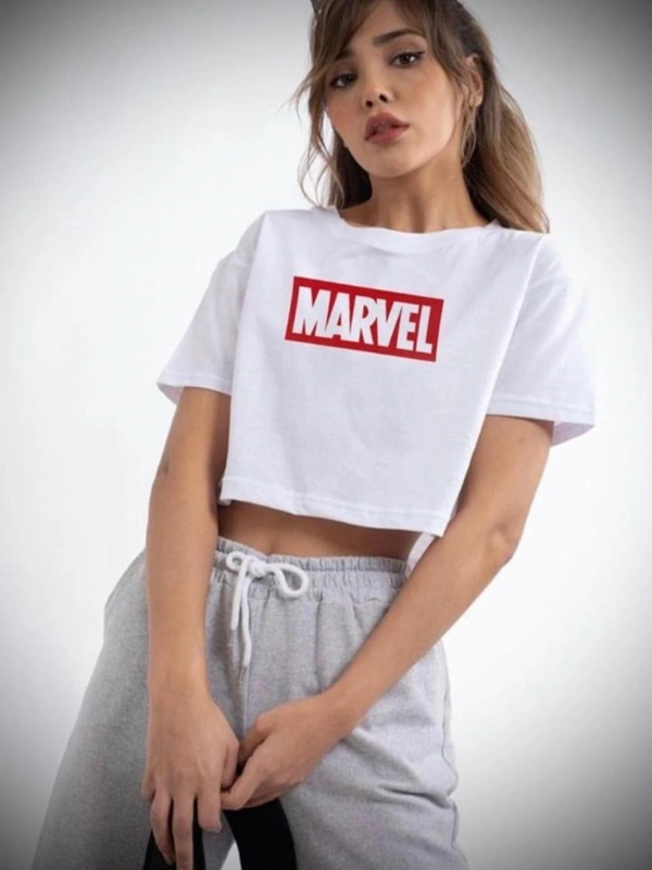 Kadın Baskılı Yuvarlak Yaka Crop Tshirt
